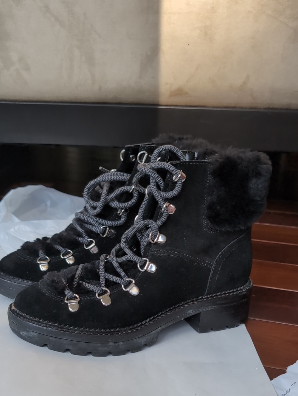 Marc Fisher Black Capell suede Lace Up Lug Sole hiker boots, 6